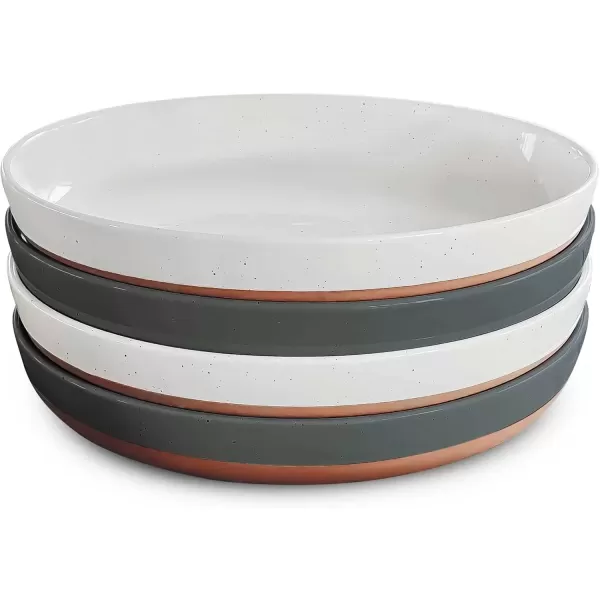 imageMora Ceramic Flat Pasta Bowl Set of 435oz Microwave Safe Plate with High Edge for Kitchen and Eating Large Wide BowlsPlates for Serving Dinner Salad etc NeutralsVanilla  Charcoal