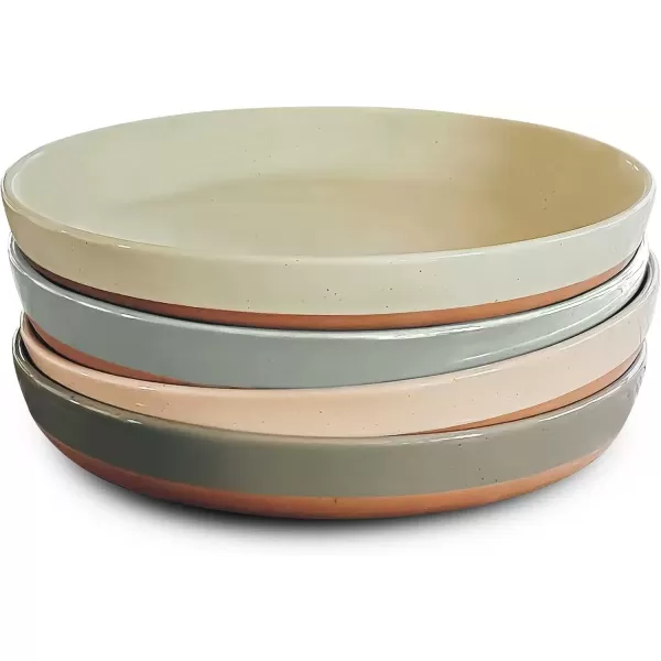 imageMora Ceramic Flat Pasta Bowl Set of 435oz Microwave Safe Plate with High Edge for Kitchen and Eating Large Wide BowlsPlates for Serving Dinner Salad etc NeutralsAssorted Neutrals