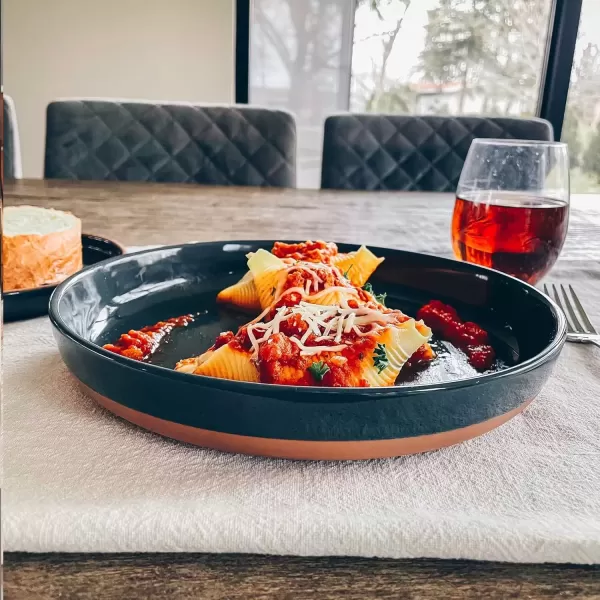 imageMora Ceramic Flat Pasta Bowl Set of 435oz Microwave Safe Plate with High Edge for Kitchen and Eating Large Wide BowlsPlates for Serving Dinner Salad etc NeutralsVanilla  Charcoal