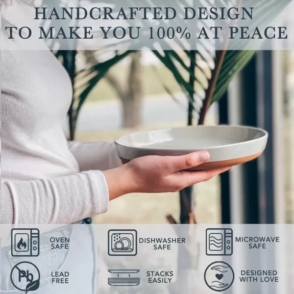 imageMora Ceramic Flat Pasta Bowl Set of 435oz Microwave Safe Plate with High Edge for Kitchen and Eating Large Wide BowlsPlates for Serving Dinner Salad etc NeutralsEarl Grey