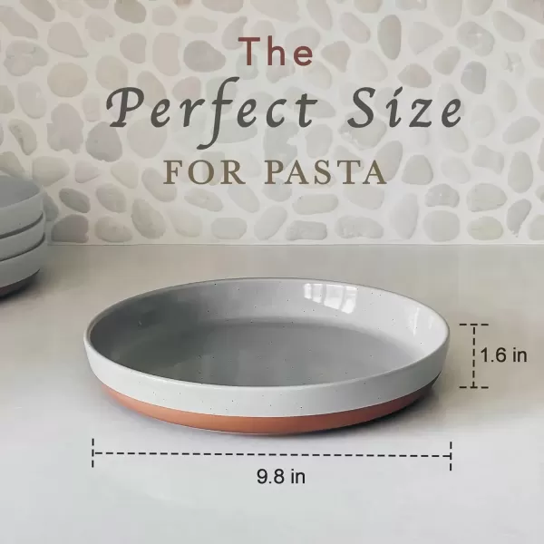 imageMora Ceramic Flat Pasta Bowl Set of 435oz Microwave Safe Plate with High Edge for Kitchen and Eating Large Wide BowlsPlates for Serving Dinner Salad etc NeutralsEarl Grey