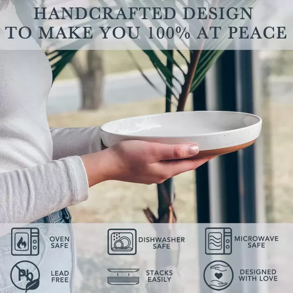 imageMora Ceramic Flat Pasta Bowl Set of 435oz Microwave Safe Plate with High Edge for Kitchen and Eating Large Wide BowlsPlates for Serving Dinner Salad etc NeutralsVanilla  Charcoal