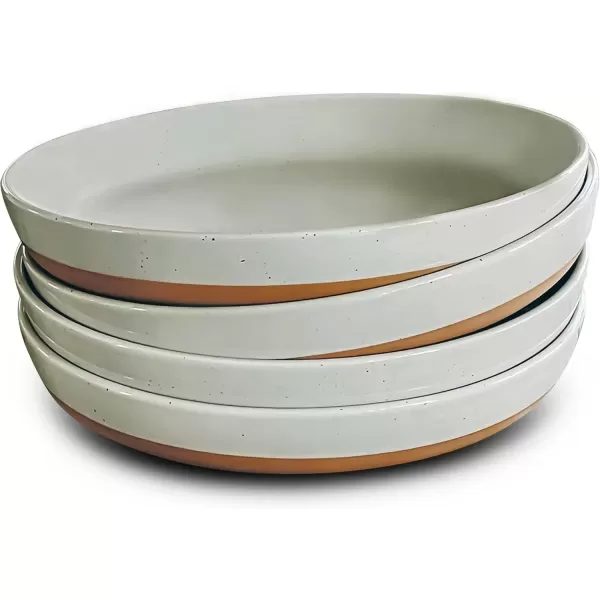 imageMora Ceramic Flat Pasta Bowl Set of 435oz Microwave Safe Plate with High Edge for Kitchen and Eating Large Wide BowlsPlates for Serving Dinner Salad etc NeutralsEarl Grey