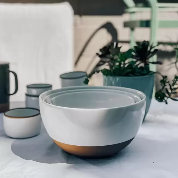 imageMora Ceramic Large Mixing Bowls  Set of 2 Nesting Bowls for Cooking Serving Popcorn Salad etc  Microwavable Kitchen Stoneware Oven Microwave and Dishwasher Safe  Extra Big 55 ampamp 36 Qt  GreyVanilla White