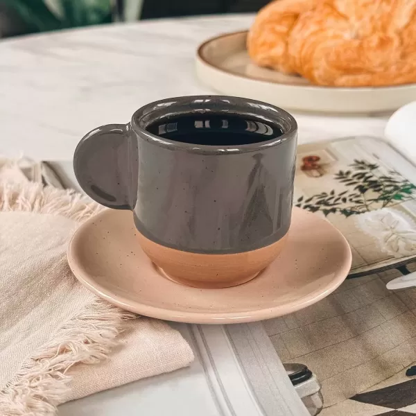 imageMora Ceramic Mini Espresso Cups Set of 4 3oz  Tiny Italian Inspired Mugs With Saucers For Small Shots of Coffee  Modern Boho Style For Any Kitchen or Cafe Microwave Safe Porcelain  Asstd NeutralsAssorted Neutrals