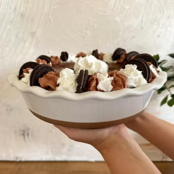 imageMora Ceramic Pie Pan for Baking  9 inch  Deep and Fluted Pie Dish for Old Fashion Apple Pie Quiche Pot Pies Tart etc  Modern Farmhouse Style Porcelain Ceramic Pie Plate  ChaiVanilla White