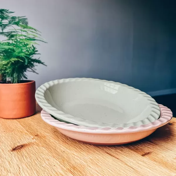 imageMora Ceramics Classic 9 Inch Round Pie Pans Set of 2  Dishwasher and Oven Safe Shallow Pans for Baking ApplePumpkin Pies Quiche Rolls etcEarl Grey