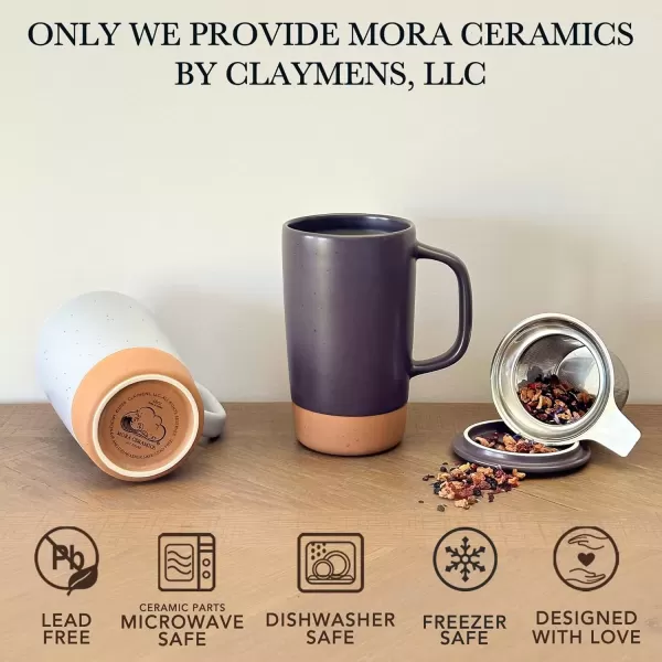 imageMora Ceramics Large Tea Mug with Loose Leaf Infuser and Ceramic Lid 18 oz Portable Microwave and Dishwasher Safe Tall Coffee Cup  Rustic Matte Ceramic Glaze Modern Herbal Tea Strainer Deep BlueNightwaves