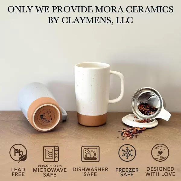 imageMora Ceramics Large Tea Mug with Loose Leaf Infuser and Ceramic Lid 18 oz Portable Microwave and Dishwasher Safe Tall Coffee Cup  Rustic Matte Ceramic Glaze Modern Herbal Tea Strainer Deep BlueCotton White