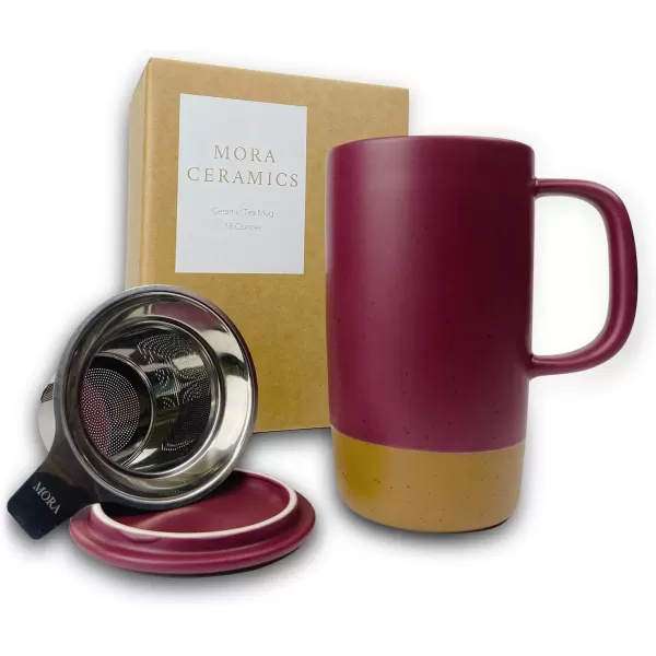 imageMora Ceramics Large Tea Mug with Loose Leaf Infuser and Ceramic Lid 18 oz Portable Microwave and Dishwasher Safe Tall Coffee Cup  Rustic Matte Ceramic Glaze Modern Herbal Tea Strainer Deep BlueMerlot