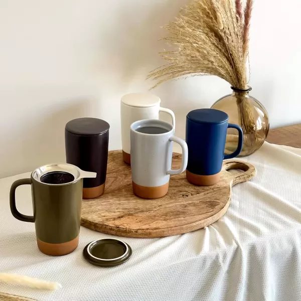 imageMora Ceramics Large Tea Mug with Loose Leaf Infuser and Ceramic Lid 18 oz Portable Microwave and Dishwasher Safe Tall Coffee Cup  Rustic Matte Ceramic Glaze Modern Herbal Tea Strainer Deep BlueOlive