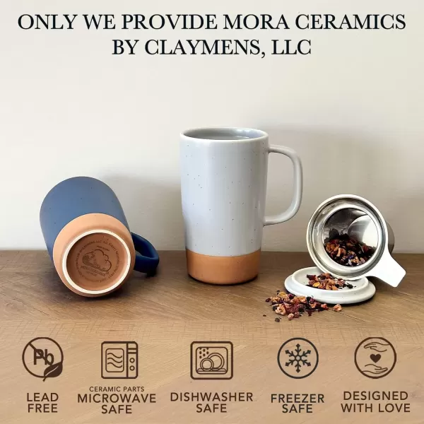 imageMora Ceramics Large Tea Mug with Loose Leaf Infuser and Ceramic Lid 18 oz Portable Microwave and Dishwasher Safe Tall Coffee Cup  Rustic Matte Ceramic Glaze Modern Herbal Tea Strainer Deep BlueSleet