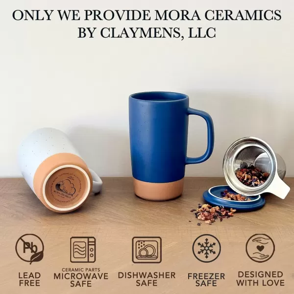 imageMora Ceramics Large Tea Mug with Loose Leaf Infuser and Ceramic Lid 18 oz Portable Microwave and Dishwasher Safe Tall Coffee Cup  Rustic Matte Ceramic Glaze Modern Herbal Tea Strainer Deep BlueDeep Blue