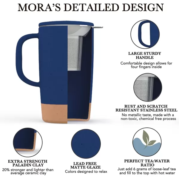 imageMora Ceramics Large Tea Mug with Loose Leaf Infuser and Ceramic Lid 18 oz Portable Microwave and Dishwasher Safe Tall Coffee Cup  Rustic Matte Ceramic Glaze Modern Herbal Tea Strainer Deep BlueDeep Blue