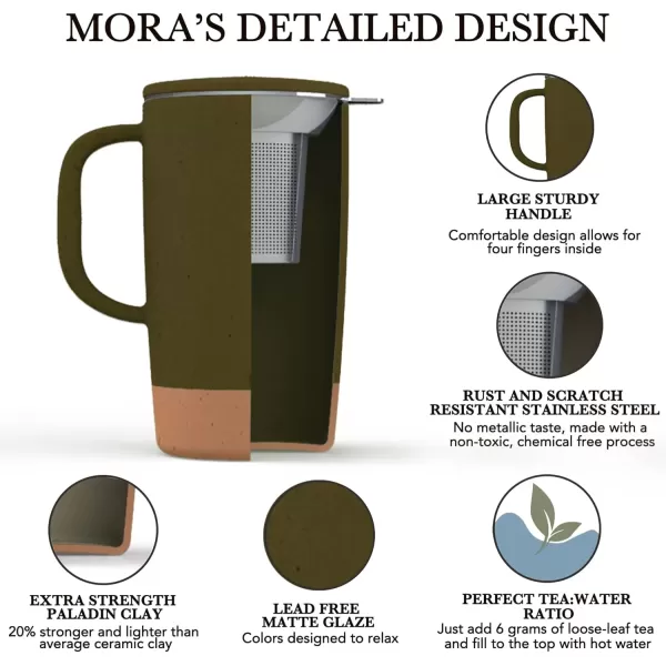 imageMora Ceramics Large Tea Mug with Loose Leaf Infuser and Ceramic Lid 18 oz Portable Microwave and Dishwasher Safe Tall Coffee Cup  Rustic Matte Ceramic Glaze Modern Herbal Tea Strainer Deep BlueOlive
