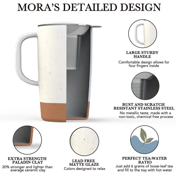 imageMora Ceramics Large Tea Mug with Loose Leaf Infuser and Ceramic Lid 18 oz Portable Microwave and Dishwasher Safe Tall Coffee Cup  Rustic Matte Ceramic Glaze Modern Herbal Tea Strainer Deep BlueCotton White