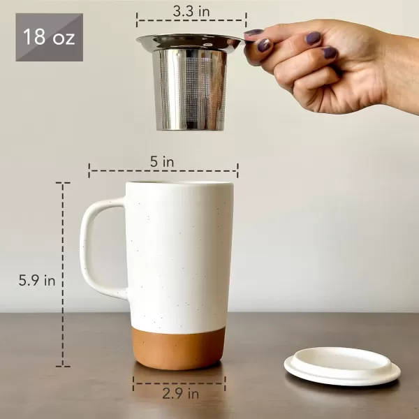imageMora Ceramics Large Tea Mug with Loose Leaf Infuser and Ceramic Lid 18 oz Portable Microwave and Dishwasher Safe Tall Coffee Cup  Rustic Matte Ceramic Glaze Modern Herbal Tea Strainer Deep BlueCotton White