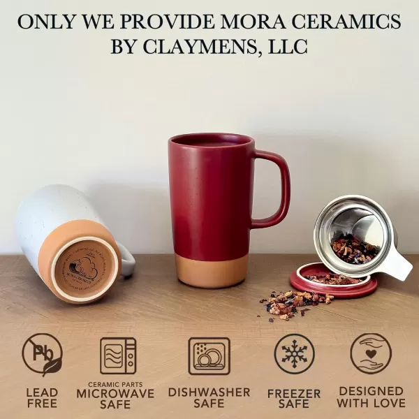 imageMora Ceramics Large Tea Mug with Loose Leaf Infuser and Ceramic Lid 18 oz Portable Microwave and Dishwasher Safe Tall Coffee Cup  Rustic Matte Ceramic Glaze Modern Herbal Tea Strainer Deep BlueMerlot