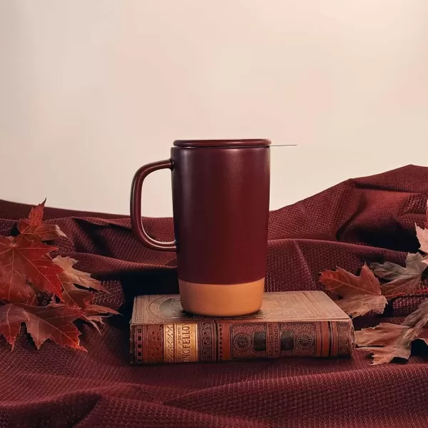 imageMora Ceramics Large Tea Mug with Loose Leaf Infuser and Ceramic Lid 18 oz Portable Microwave and Dishwasher Safe Tall Coffee Cup  Rustic Matte Ceramic Glaze Modern Herbal Tea Strainer Deep BlueMerlot