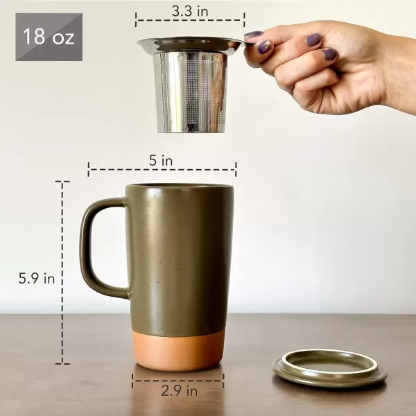 imageMora Ceramics Large Tea Mug with Loose Leaf Infuser and Ceramic Lid 18 oz Portable Microwave and Dishwasher Safe Tall Coffee Cup  Rustic Matte Ceramic Glaze Modern Herbal Tea Strainer Deep BlueOlive