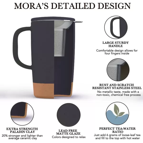 imageMora Ceramics Large Tea Mug with Loose Leaf Infuser and Ceramic Lid 18 oz Portable Microwave and Dishwasher Safe Tall Coffee Cup  Rustic Matte Ceramic Glaze Modern Herbal Tea Strainer Deep BlueNightwaves