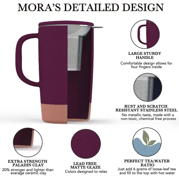 imageMora Ceramics Large Tea Mug with Loose Leaf Infuser and Ceramic Lid 18 oz Portable Microwave and Dishwasher Safe Tall Coffee Cup  Rustic Matte Ceramic Glaze Modern Herbal Tea Strainer Deep BlueMerlot