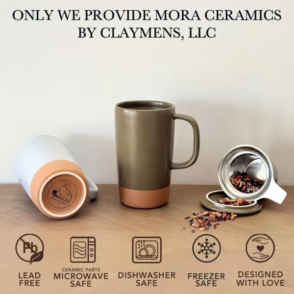 imageMora Ceramics Large Tea Mug with Loose Leaf Infuser and Ceramic Lid 18 oz Portable Microwave and Dishwasher Safe Tall Coffee Cup  Rustic Matte Ceramic Glaze Modern Herbal Tea Strainer Deep BlueOlive