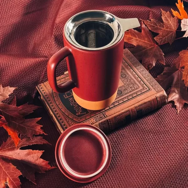 imageMora Ceramics Large Tea Mug with Loose Leaf Infuser and Ceramic Lid 18 oz Portable Microwave and Dishwasher Safe Tall Coffee Cup  Rustic Matte Ceramic Glaze Modern Herbal Tea Strainer Deep BlueMerlot