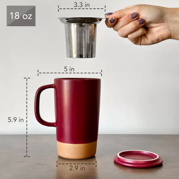 imageMora Ceramics Large Tea Mug with Loose Leaf Infuser and Ceramic Lid 18 oz Portable Microwave and Dishwasher Safe Tall Coffee Cup  Rustic Matte Ceramic Glaze Modern Herbal Tea Strainer Deep BlueMerlot