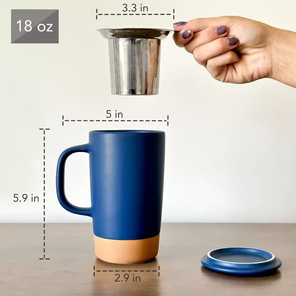 imageMora Ceramics Large Tea Mug with Loose Leaf Infuser and Ceramic Lid 18 oz Portable Microwave and Dishwasher Safe Tall Coffee Cup  Rustic Matte Ceramic Glaze Modern Herbal Tea Strainer Deep BlueDeep Blue