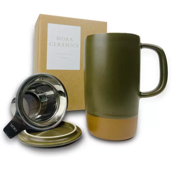 imageMora Ceramics Large Tea Mug with Loose Leaf Infuser and Ceramic Lid 18 oz Portable Microwave and Dishwasher Safe Tall Coffee Cup  Rustic Matte Ceramic Glaze Modern Herbal Tea Strainer Deep BlueOlive