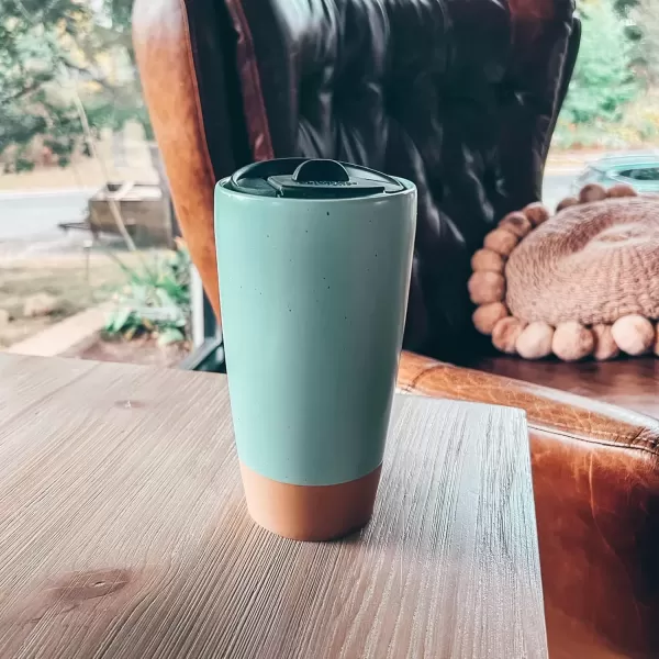 imageMora Double Wall Ceramic Coffee Travel Mug with Lid 14 oz Portable Microwave Dishwasher Safe Insulated Reusable Tall Cup Splash Resistant Lid  To Go Tumbler for Car Cup Holder Cotton WhiteSeafoam Green