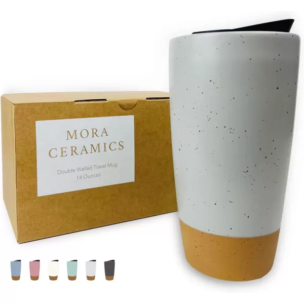 imageMora Double Wall Ceramic Coffee Travel Mug with Lid 14 oz Portable Microwave Dishwasher Safe Insulated Reusable Tall Cup Splash Resistant Lid  To Go Tumbler for Car Cup Holder Cotton WhiteOvercast Grey