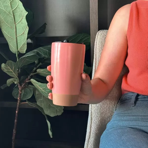 imageMora Double Wall Ceramic Coffee Travel Mug with Lid 14 oz Portable Microwave Dishwasher Safe Insulated Reusable Tall Cup Splash Resistant Lid  To Go Tumbler for Car Cup Holder Cotton WhitePink Salt