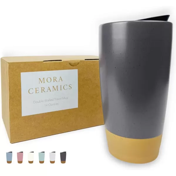 imageMora Double Wall Ceramic Coffee Travel Mug with Lid 14 oz Portable Microwave Dishwasher Safe Insulated Reusable Tall Cup Splash Resistant Lid  To Go Tumbler for Car Cup Holder Cotton WhiteNightwaves