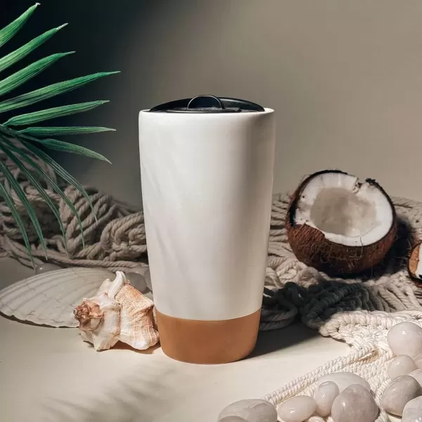 imageMora Double Wall Ceramic Coffee Travel Mug with Lid 14 oz Portable Microwave Dishwasher Safe Insulated Reusable Tall Cup Splash Resistant Lid  To Go Tumbler for Car Cup Holder Cotton WhiteCotton White