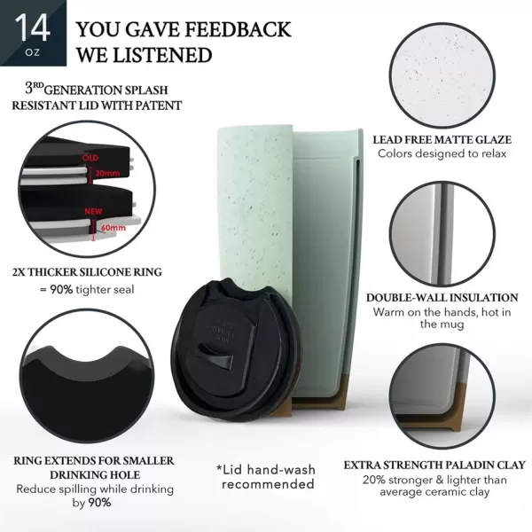 imageMora Double Wall Ceramic Coffee Travel Mug with Lid 14 oz Portable Microwave Dishwasher Safe Insulated Reusable Tall Cup Splash Resistant Lid  To Go Tumbler for Car Cup Holder Cotton WhiteSeafoam Green