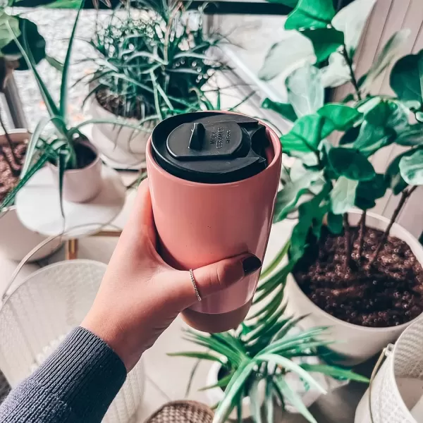 imageMora Double Wall Ceramic Coffee Travel Mug with Lid 14 oz Portable Microwave Dishwasher Safe Insulated Reusable Tall Cup Splash Resistant Lid  To Go Tumbler for Car Cup Holder Cotton WhitePink Salt