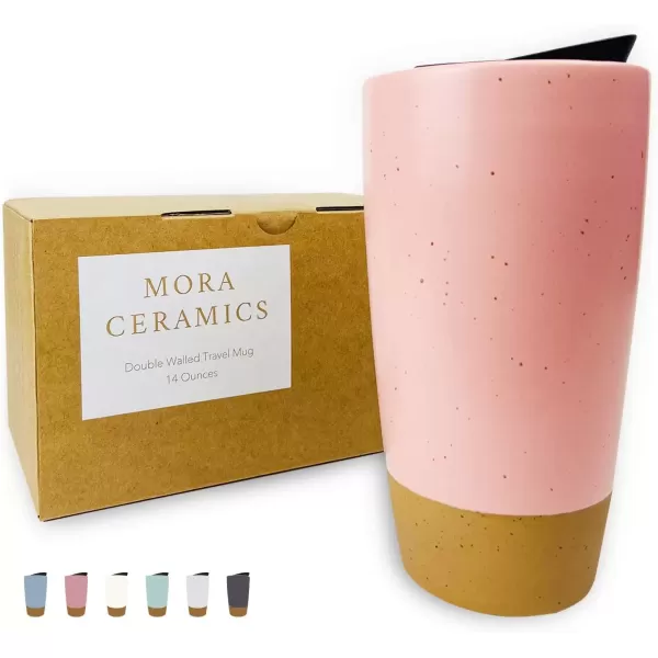 imageMora Double Wall Ceramic Coffee Travel Mug with Lid 14 oz Portable Microwave Dishwasher Safe Insulated Reusable Tall Cup Splash Resistant Lid  To Go Tumbler for Car Cup Holder Cotton WhitePink Salt