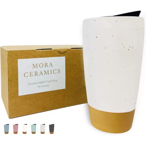 imageMora Double Wall Ceramic Coffee Travel Mug with Lid 14 oz Portable Microwave Dishwasher Safe Insulated Reusable Tall Cup Splash Resistant Lid  To Go Tumbler for Car Cup Holder Cotton WhiteCotton White