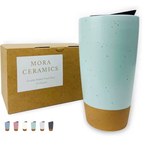 imageMora Double Wall Ceramic Coffee Travel Mug with Lid 14 oz Portable Microwave Dishwasher Safe Insulated Reusable Tall Cup Splash Resistant Lid  To Go Tumbler for Car Cup Holder Cotton WhiteSeafoam Green