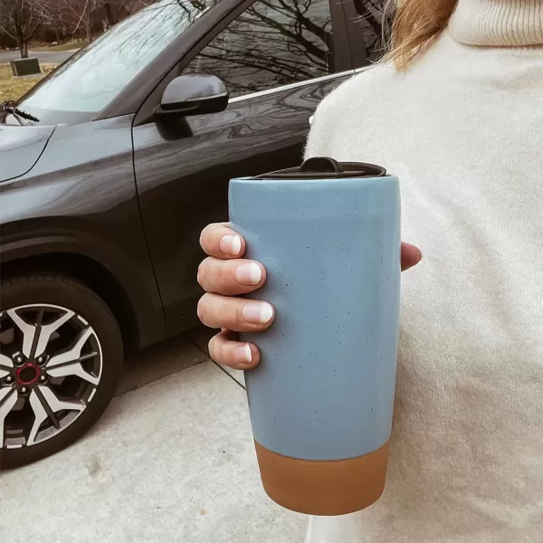 imageMora Double Wall Ceramic Coffee Travel Mug with Lid 14 oz Portable Microwave Dishwasher Safe Insulated Reusable Tall Cup Splash Resistant Lid  To Go Tumbler for Car Cup Holder Cotton WhiteDusty Blue