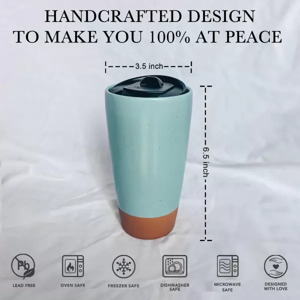imageMora Double Wall Ceramic Coffee Travel Mug with Lid 14 oz Portable Microwave Dishwasher Safe Insulated Reusable Tall Cup Splash Resistant Lid  To Go Tumbler for Car Cup Holder Cotton WhiteSeafoam Green