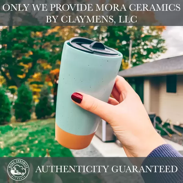 imageMora Double Wall Ceramic Coffee Travel Mug with Lid 14 oz Portable Microwave Dishwasher Safe Insulated Reusable Tall Cup Splash Resistant Lid  To Go Tumbler for Car Cup Holder Cotton WhiteSeafoam Green