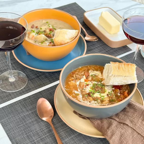 imageMora Ceramics Artisan Bundle  Dinner Plates Salad Plates Cereal Bowls Pasta Bowls Latte Mugs  Safari  Microwave Oven and Dishwasher Safe Scratch Resistant