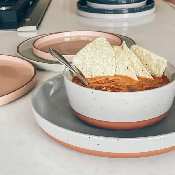 imageMora Ceramics Modern Bundle  Dinner Plates Salad Plates Cereal Bowls Pasta Bowls Latte Mugs  Earl Grey  Microwave Oven and Dishwasher Safe Scratch Resistant