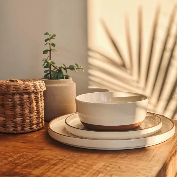 imageMora Ceramics Modern Bundle  Dinner Plates Salad Plates Cereal Bowls Pasta Bowls Latte Mugs  Vanilla White  Microwave Oven and Dishwasher Safe Scratch Resistant