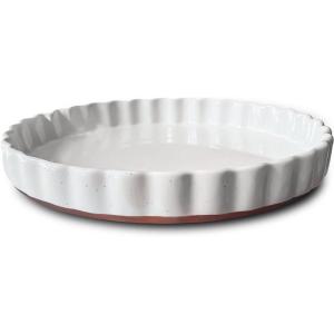 image:imageMORA Ceramic Tart Pan 95 Inch Large Porcelain Baking Dish for Tarts Quiche Pie Flan etc Fluted Ruffled Edge Oven Microwave Freezer and Dishwasher safe  Great Gift For Bakers  OatVanilla White