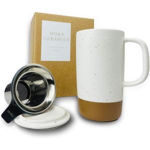 image:imageMORA Ceramics Large Tea Mug with Loose Leaf Infuser and Ceramic Lid 18 oz Portable Microwave Dishwasher Safe Tall Coffee Cup  Rustic Matte Ceramic Glaze Modern Herbal Tea Strainer ThymeCotton White