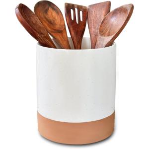 image:imageMora Ceramic Kitchen Utensil Holder  Wooden Spoon amp Spatula Crock for Countertop Modern Farmhouse Home Decor Large 73 Cooking Organizer for Stove Top and Counter  Heavy amp Sturdy  LiquoriceVanilla White